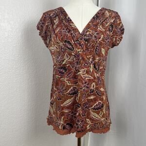 VTG Style Co Top‎ Womens Medium Orange Floral Babydoll Lettuce Hem Fairy Y2K